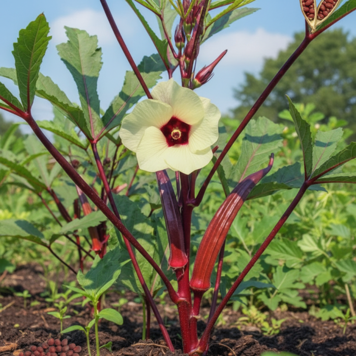 A packet of red okra seeds beside fresh red ladyfingers and green leaves, with seeds scattered on a wooden surface.