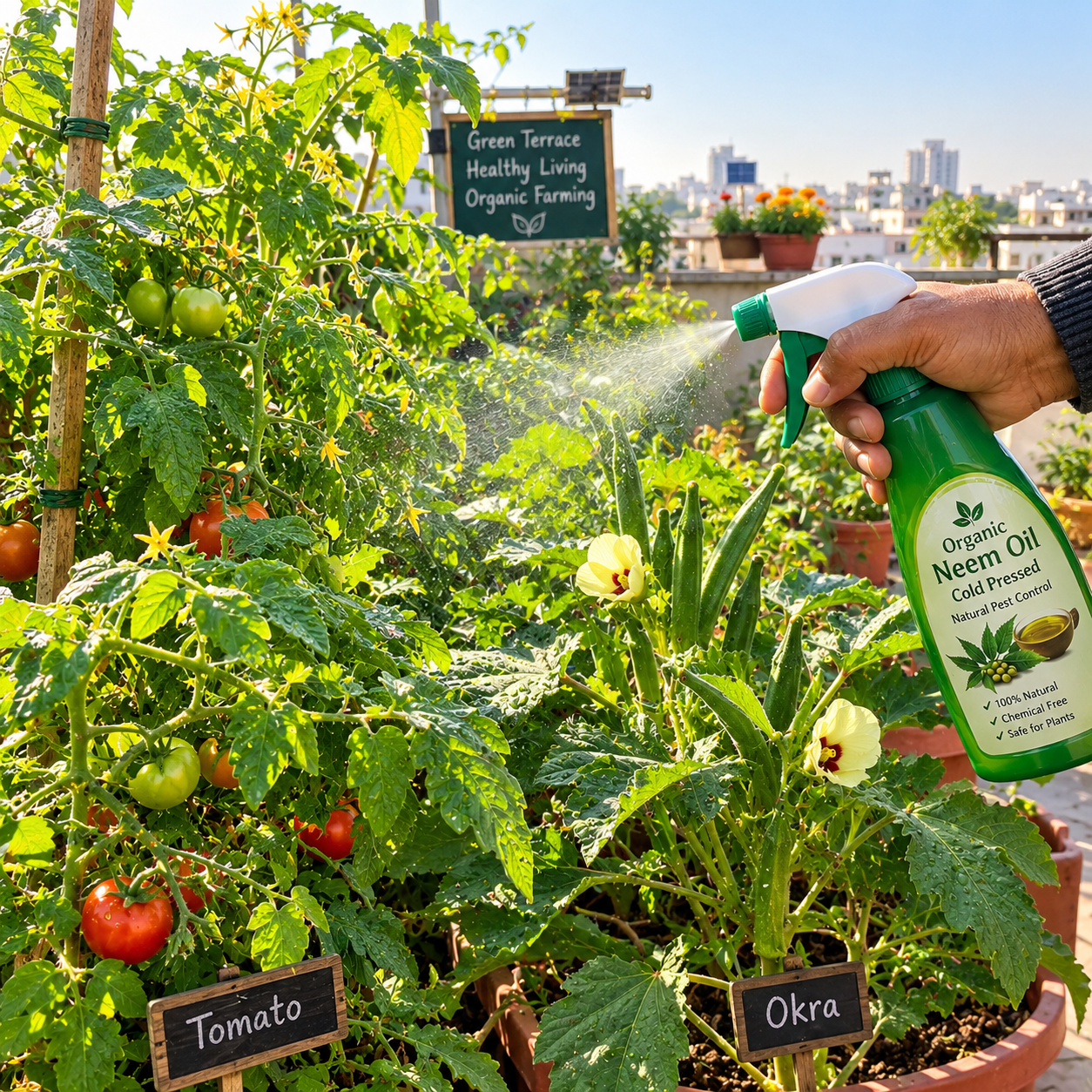 Using organic neem oil spray for organic pest control for winter terrace garden with healthy green plants.