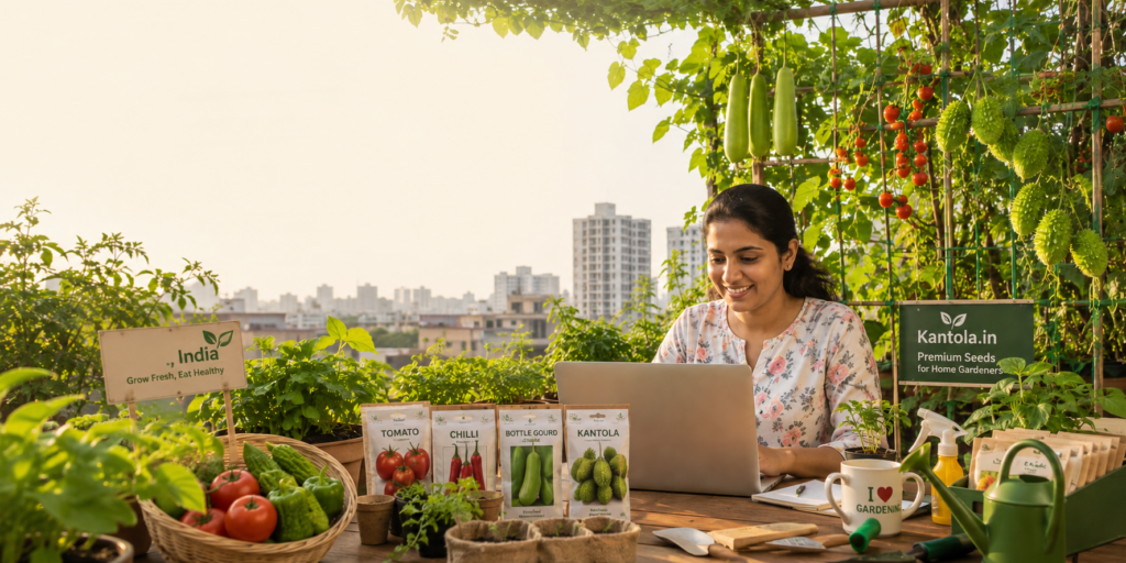 Woman shopping for vegetable seeds online while working in a rooftop home garden surrounded by fresh plants and gardening tools.