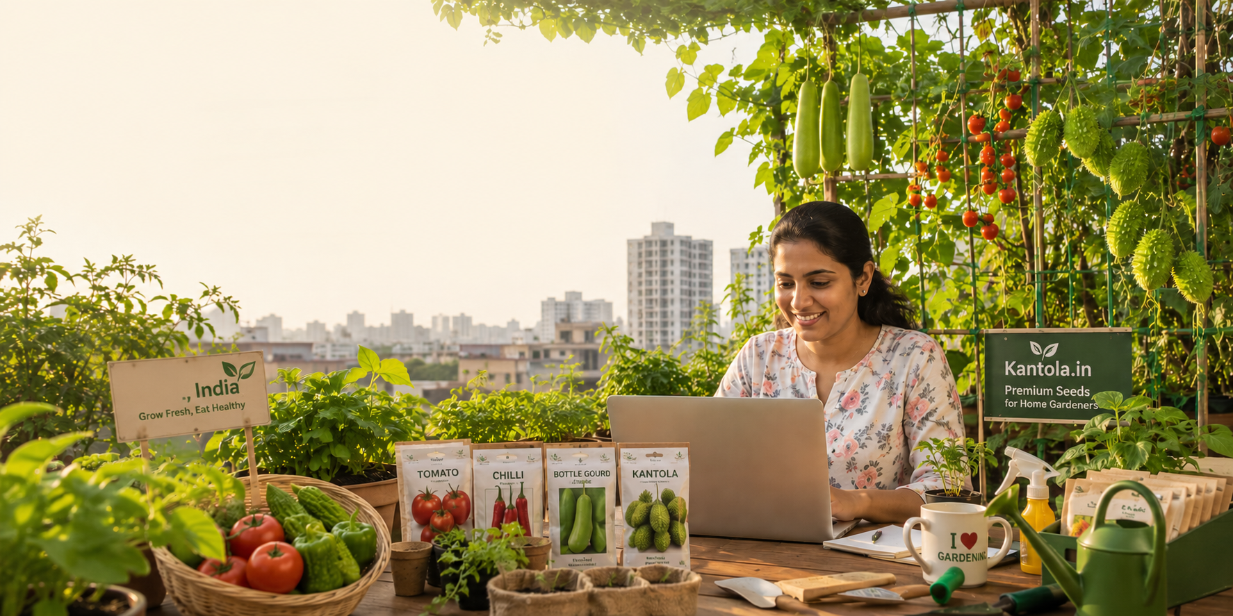 Woman shopping for vegetable seeds online while working in a rooftop home garden surrounded by fresh plants and gardening tools.