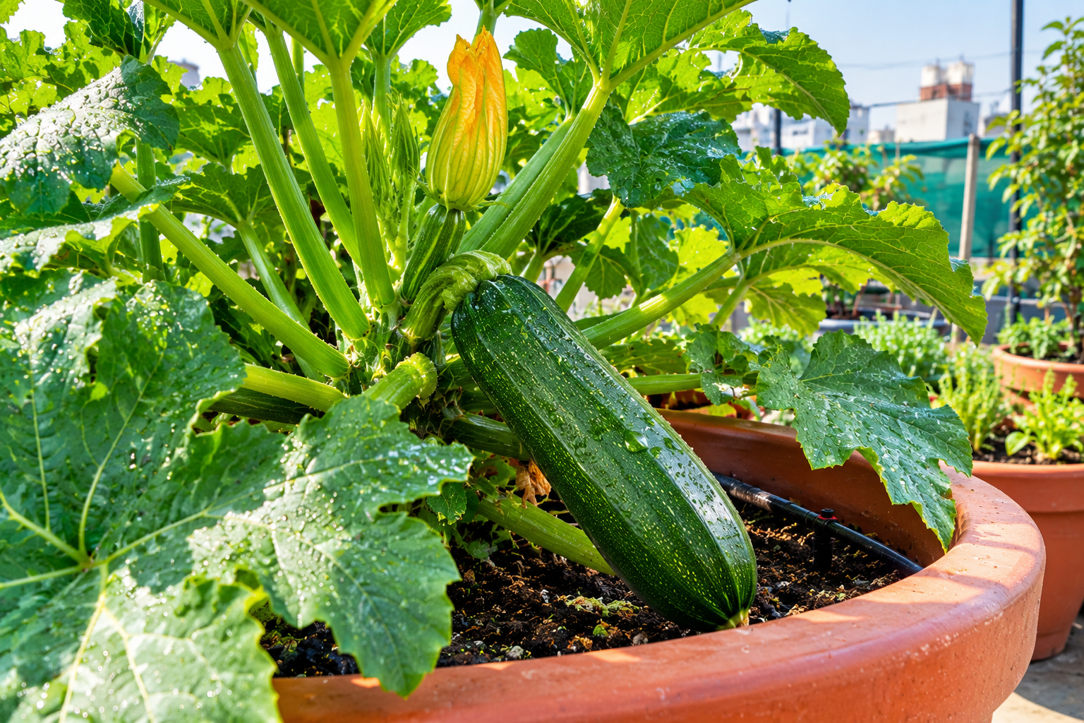Fresh green zucchini growing in a large terrace garden container with rich organic soil.