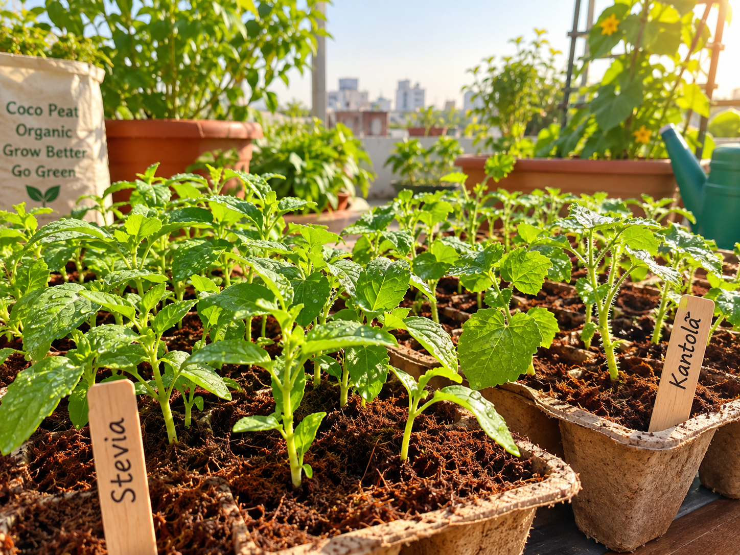 Healthy green seedlings sprouting in coco peat trays using seed germination tips for winter crops.