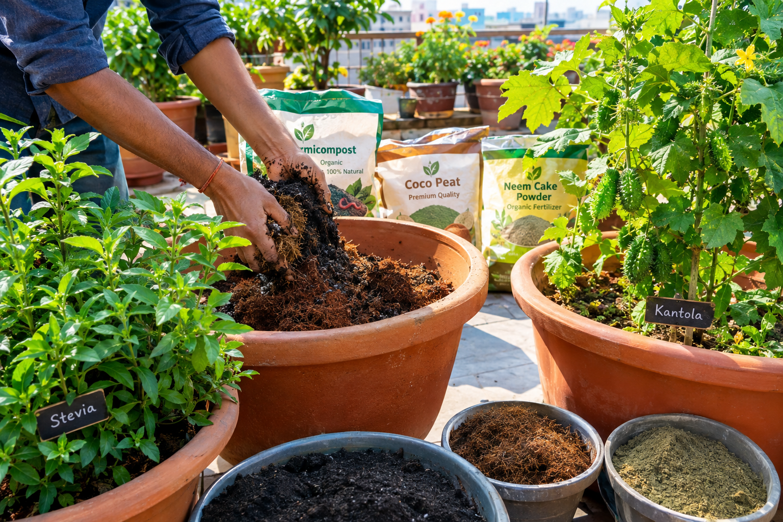 A gardener doing winter soil preparation for terrace garden with organic compost and neem cake.